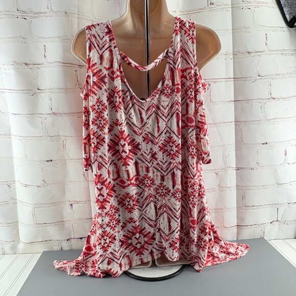 Front of Closet Orangish Red / White Open Shoulder Blouse / Top 2X - Picture 3 of 4